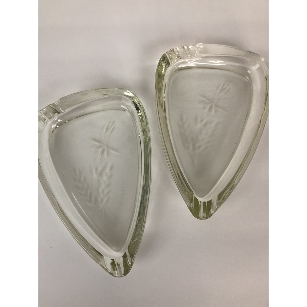 MCM Clear Ashtrays Yellow Tint Glass Floral Wheat Pattern Etching (2) Vintage